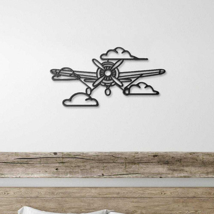 Vintage aviation metal wall art featuring a laser-cut airplane propeller and clouds for pilots and flight enthusiasts