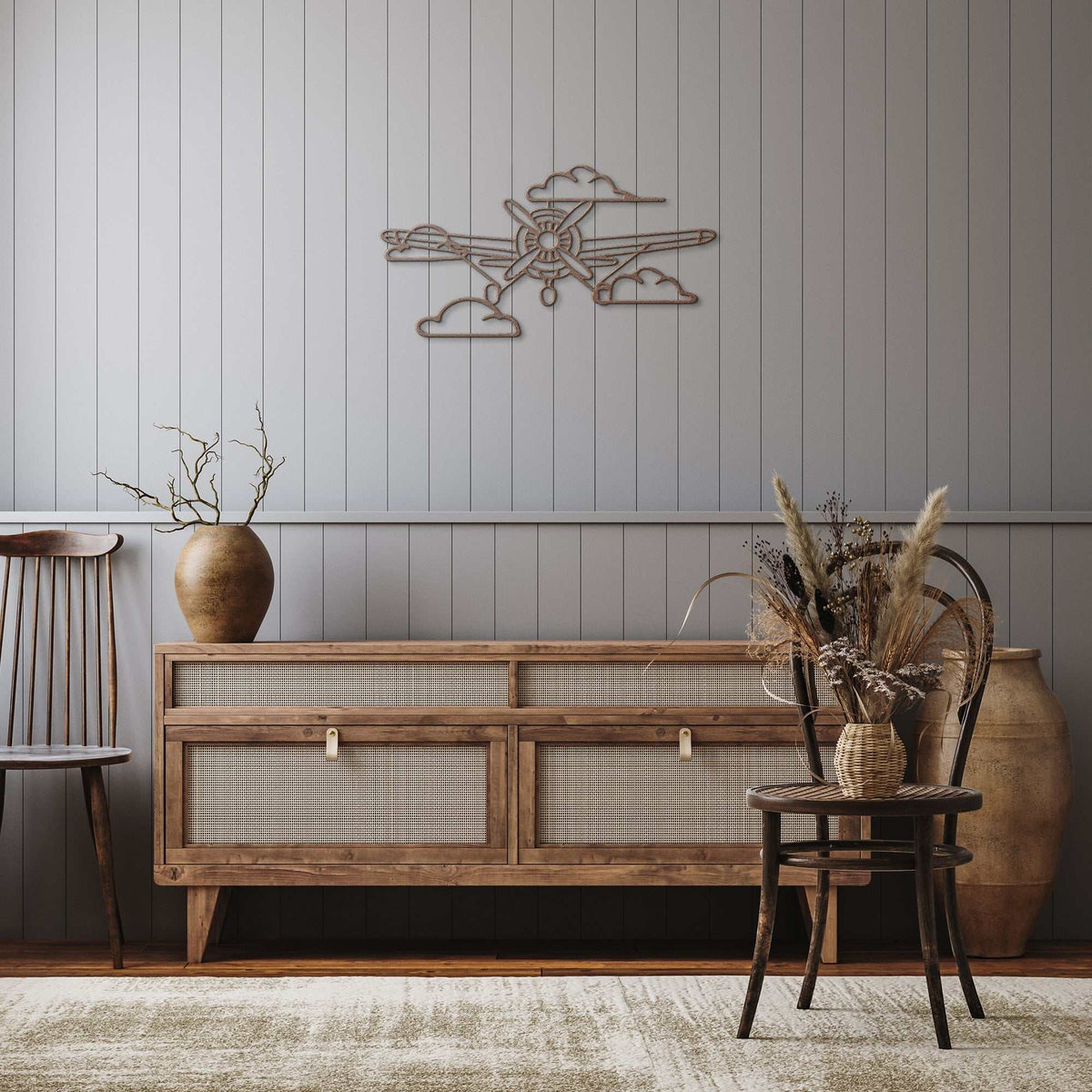 Vintage aviation metal wall art featuring a laser-cut airplane propeller and clouds design in durable steel.