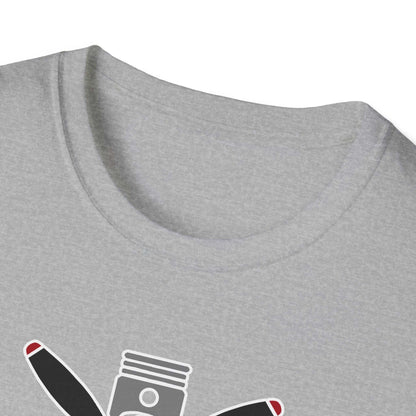 Close-up of grey Prop and Piston T-Shirt unisex softstyle crew neck made from cotton blend with printed propeller and piston design
