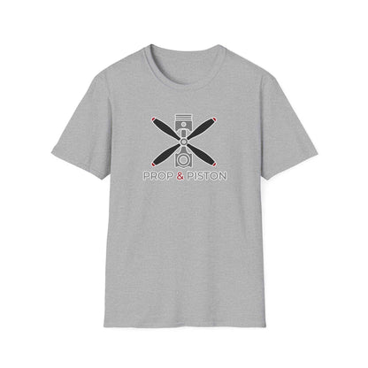 Gray Prop and Piston T-Shirt unisex softstyle cotton tee with propeller and piston graphic