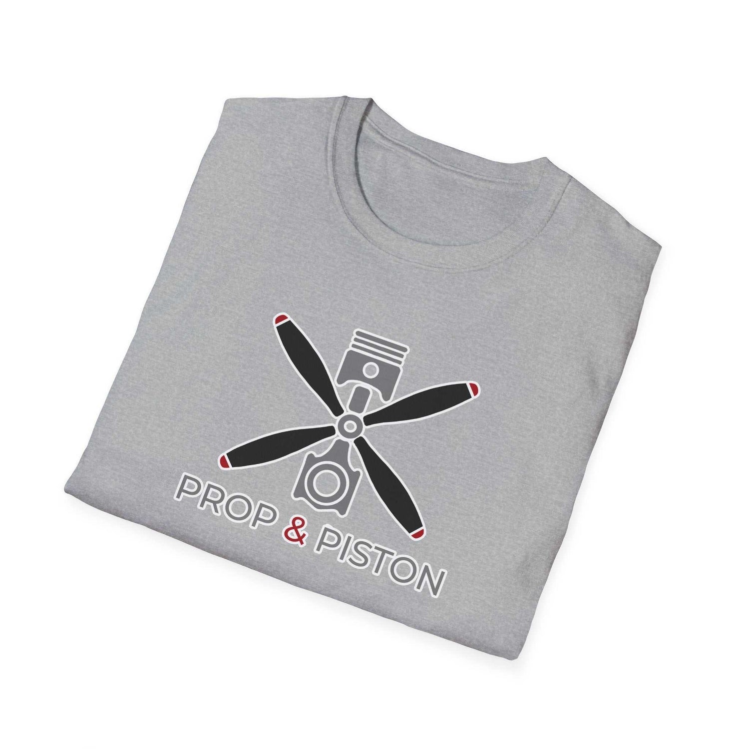 Folded grey unisex Prop and Piston T-Shirt with propeller and piston graphic on front