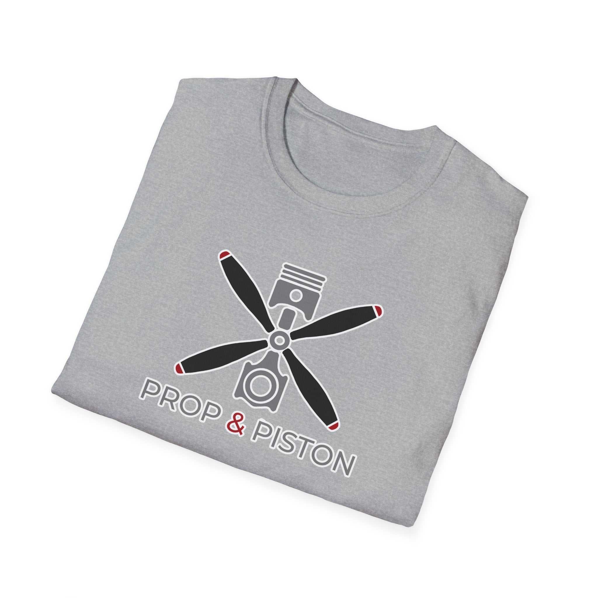 Folded grey unisex Prop and Piston T-Shirt with propeller and piston graphic on front