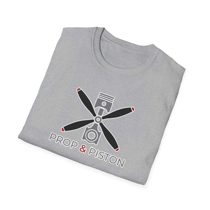 Folded grey unisex Prop and Piston T-Shirt with propeller and piston graphic on front