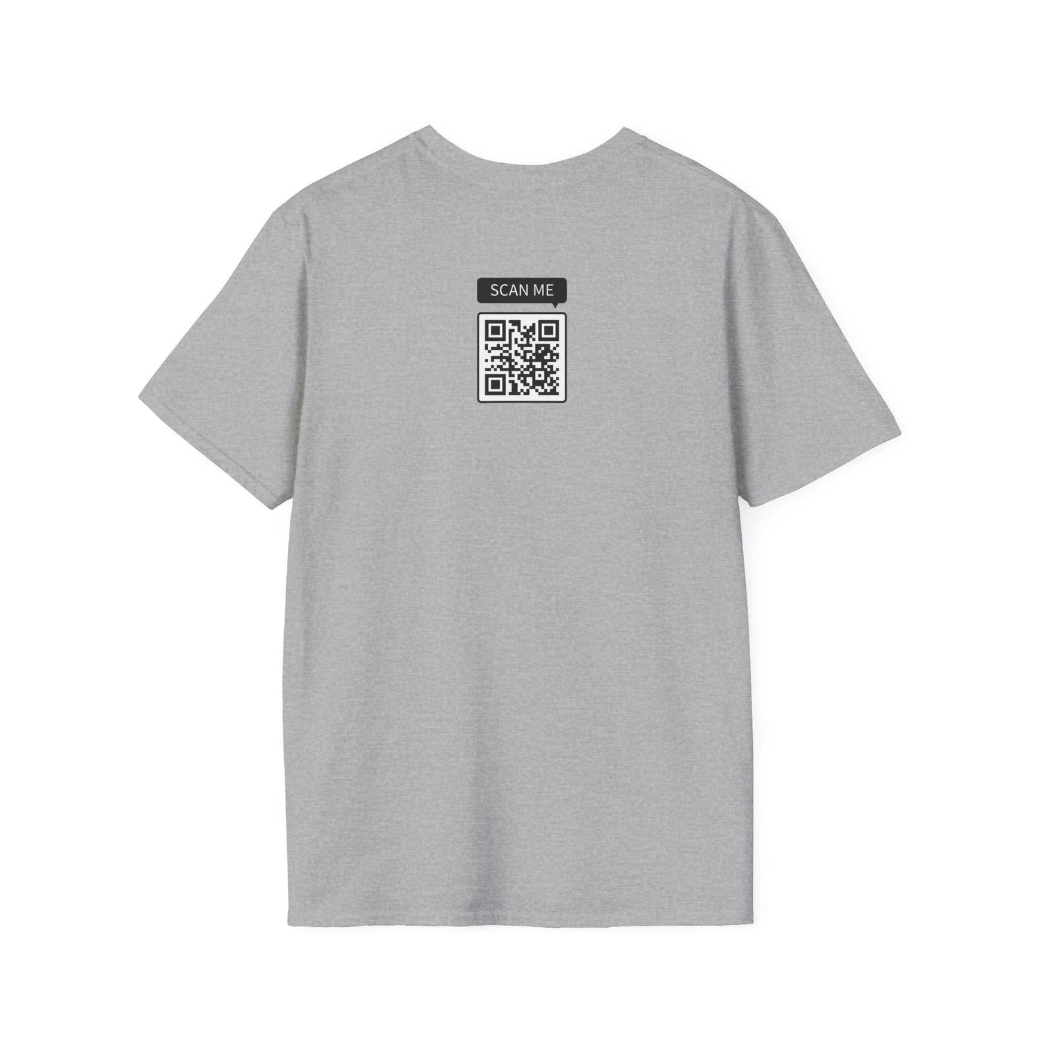 Unisex softstyle Prop and Piston T-Shirt in grey with QR code on back, 100% cotton, durable ribbed collar, and no side seams.