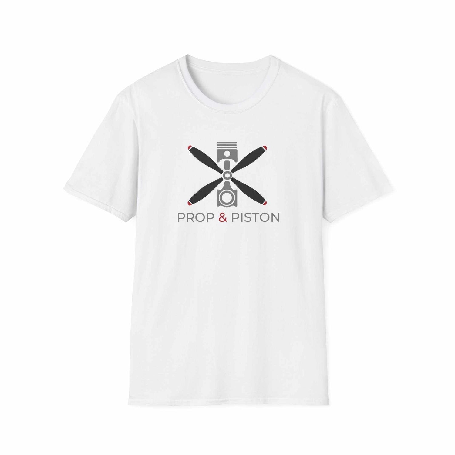 White unisex softstyle Prop and Piston T-Shirt with propeller and piston graphic on front