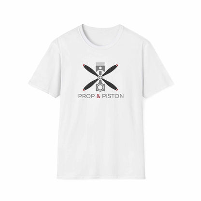 White unisex softstyle Prop and Piston T-Shirt with propeller and piston graphic on front