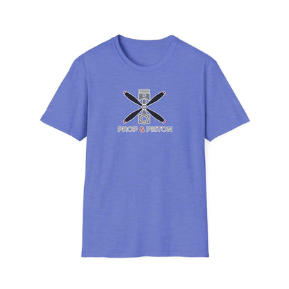 Unisex softstyle Prop and Piston T-Shirt in blue with propeller and piston graphic design