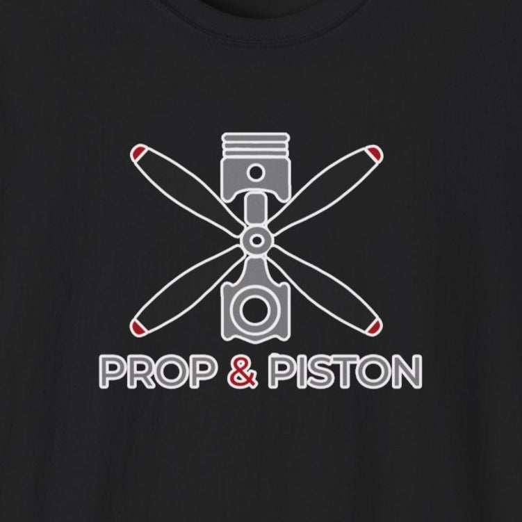 Black unisex Prop and Piston T-Shirt with propeller and piston graphic and text design