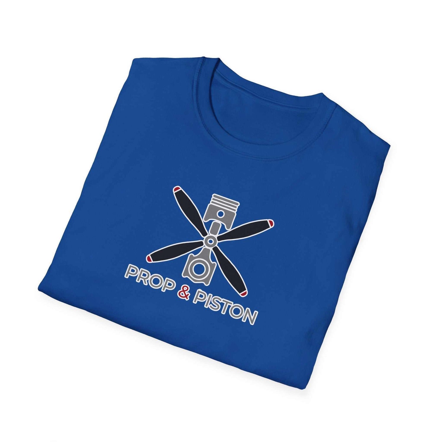 Blue unisex Prop and Piston T-Shirt with propeller and piston graphic, soft 100% cotton fabric, classic crew neck style