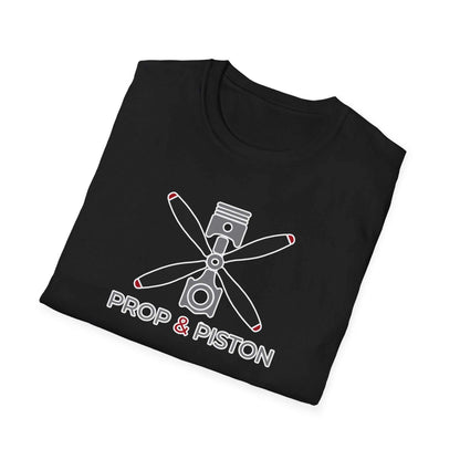 Unisex black Prop and Piston T-Shirt with propeller and piston graphic, made of soft 100% cotton, durable ribbed collar and tear-away label.