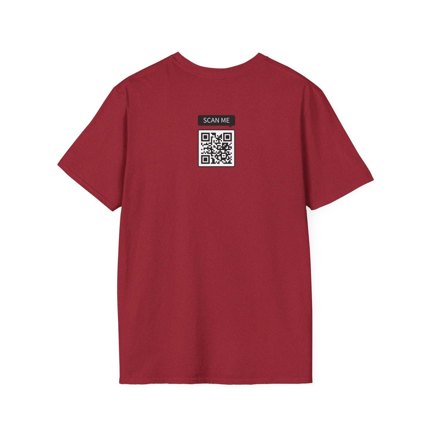 Back view of maroon Prop and Piston T-Shirt unisex softstyle cotton tee with QR code on upper back