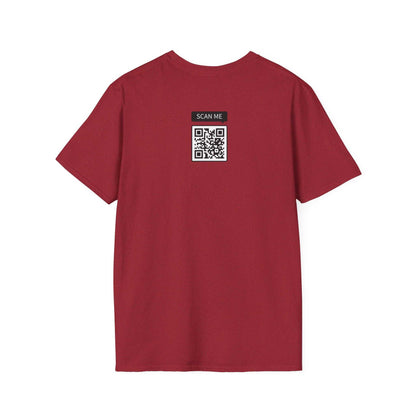 Back view of maroon Prop and Piston T-Shirt unisex softstyle cotton tee with QR code on upper back