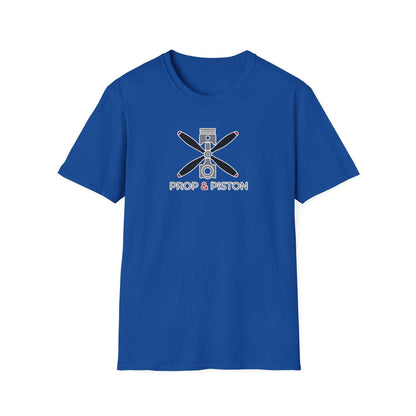 Blue unisex softstyle Prop and Piston T-Shirt made from 100% cotton with printed propeller and piston graphic on front