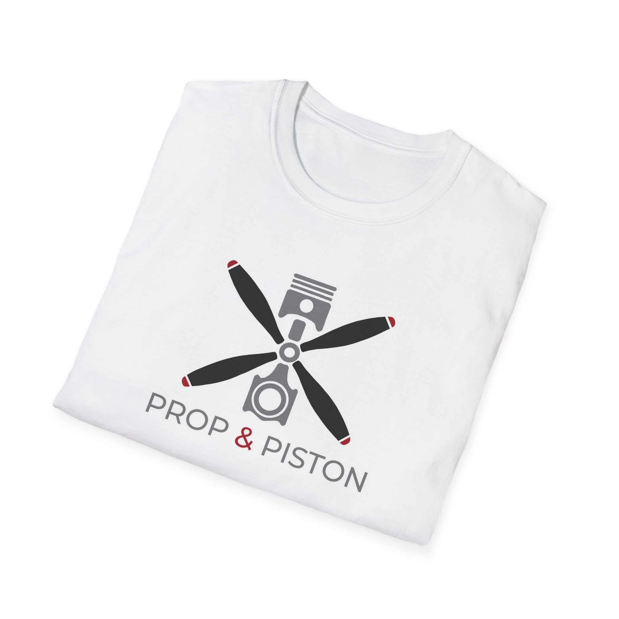 White Prop and Piston T-Shirt with propeller and piston graphic, unisex softstyle cotton blend tee