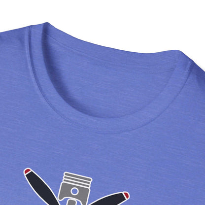 Close-up of blue Prop and Piston T-Shirt unisex soft-style crew neck made of lightweight cotton blend fabric