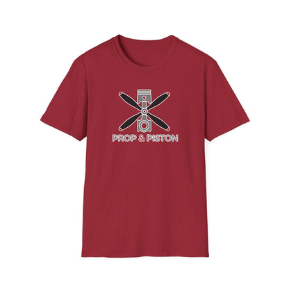 Red unisex Prop and Piston T-Shirt with propeller and piston graphic, soft 100% cotton crew neck tee.