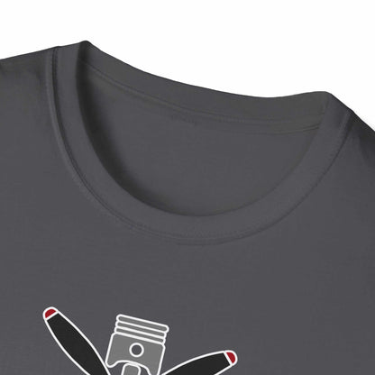 Close-up of charcoal grey Prop and Piston T-Shirt with propeller and piston graphic on soft cotton fabric