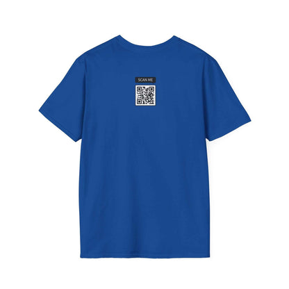 Blue Prop and Piston T-Shirt unisex softstyle cotton tee back view with QR code design