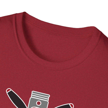 Close-up of maroon Prop and Piston T-Shirt with soft cotton fabric and crew neckline