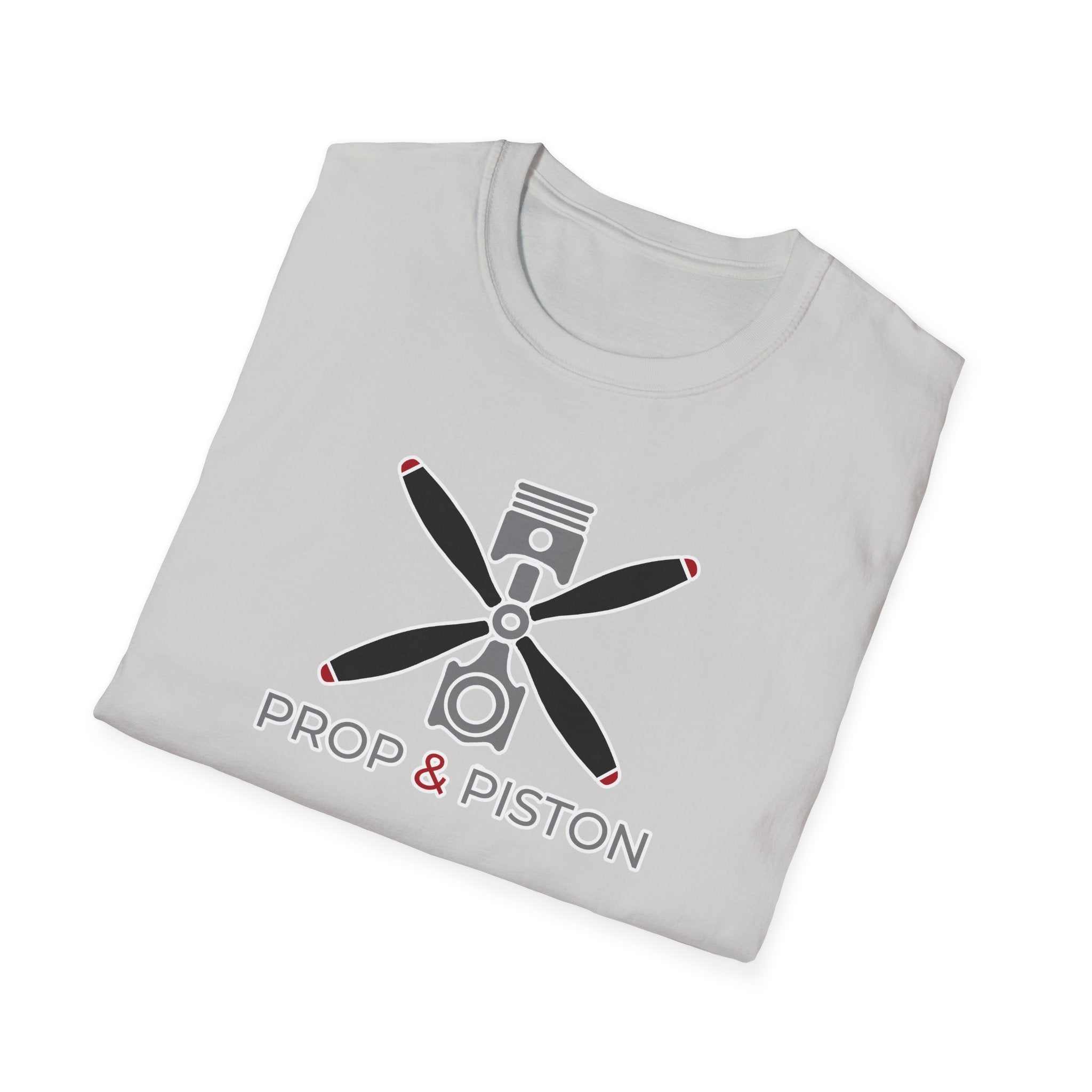 Prop and Piston T-Shirt unisex softstyle cotton crew neck tee with propeller and piston graphic