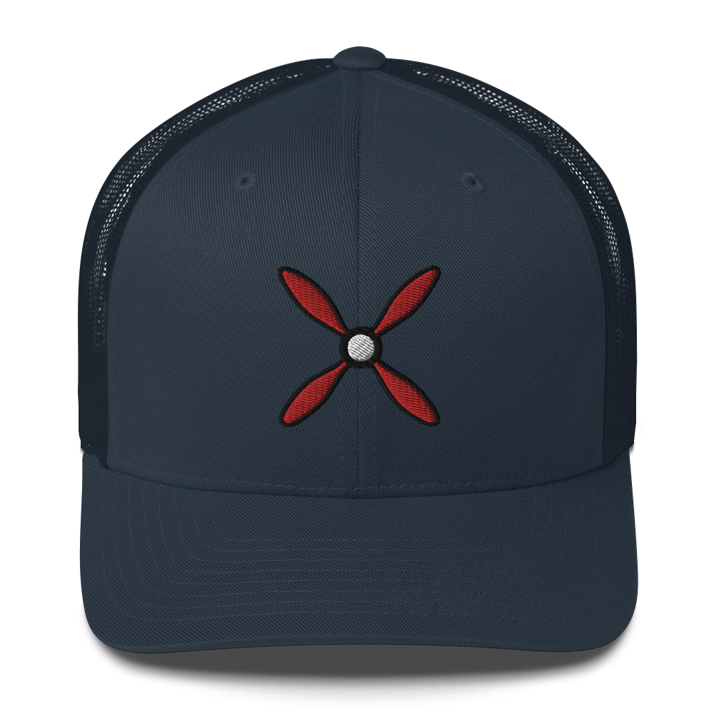 Aviation hat Prop &amp; Piston navy trucker cap with red propeller logo and mesh back