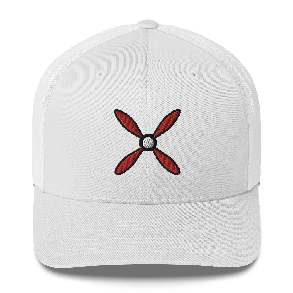 White Aviation hat Prop &amp; Piston trucker cap with red propeller logo and mesh back
