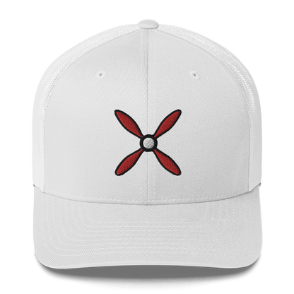 White Aviation hat Prop &amp; Piston trucker cap with red propeller logo and mesh back