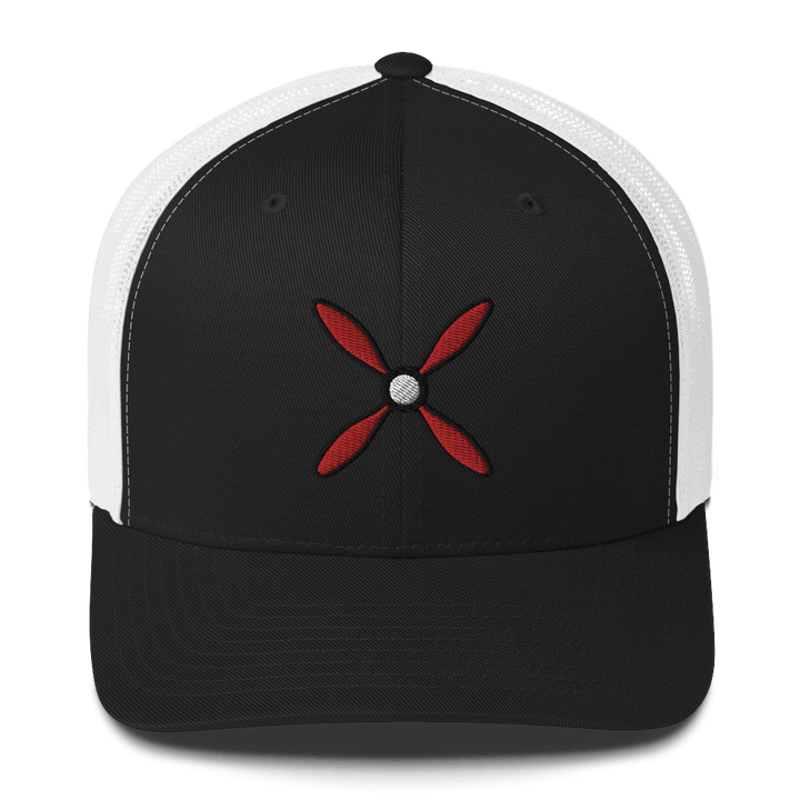 Prop & Piston #2 embroidered 5-panel trucker cap in black with white mesh back, front view