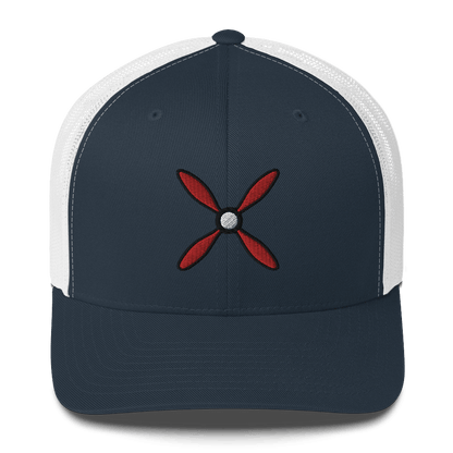 Aviation hat Prop &amp; Piston trucker cap with navy front, white mesh back, and red propeller embroidery