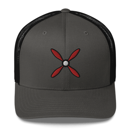 Aviation hat Prop &amp; Piston gray and black trucker cap with red propeller embroidery and mesh back
