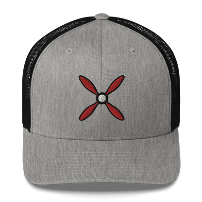 Aviation hat Prop &amp; Piston six-panel trucker cap with mesh back and red propeller embroidery on gray front