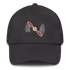 Black low-profile aviation hat with red propeller emblem, 6-panel dad hat style, adjustable antique buckle strap