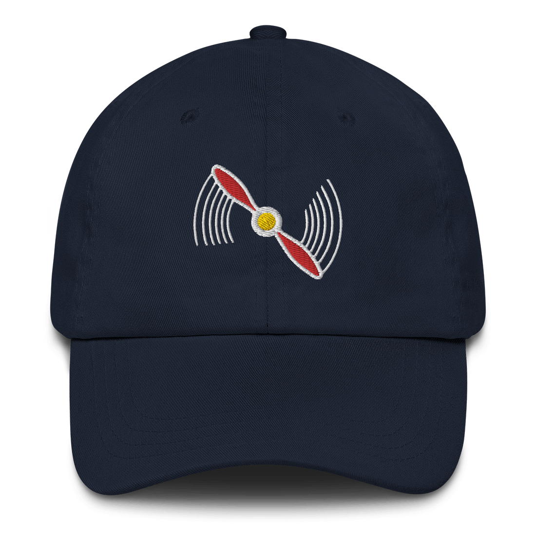 Navy blue low-profile aviation hat with embroidered red propeller design and adjustable antique buckle strap
