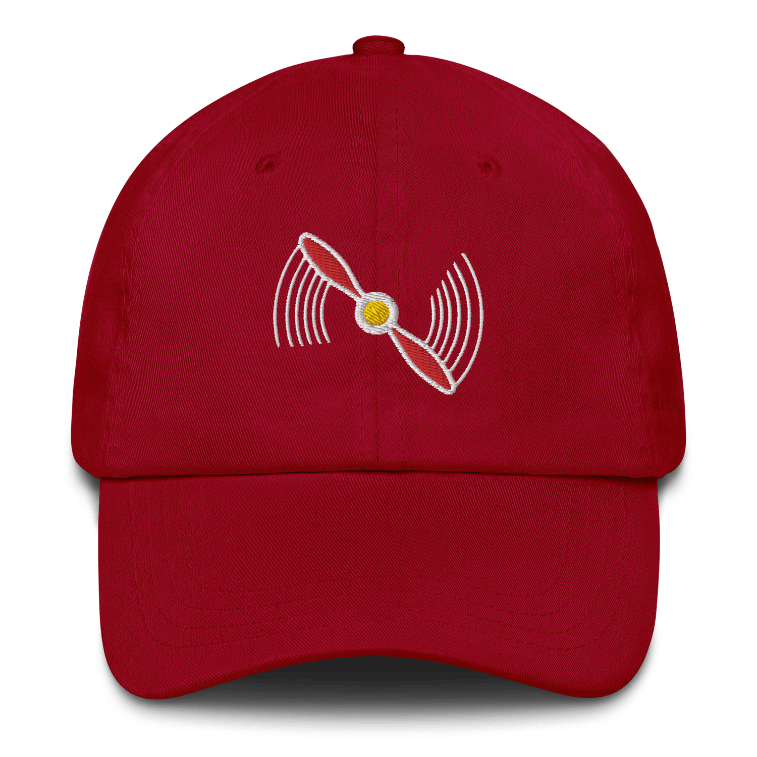 Red aviation hat with embroidered propeller design and adjustable strap