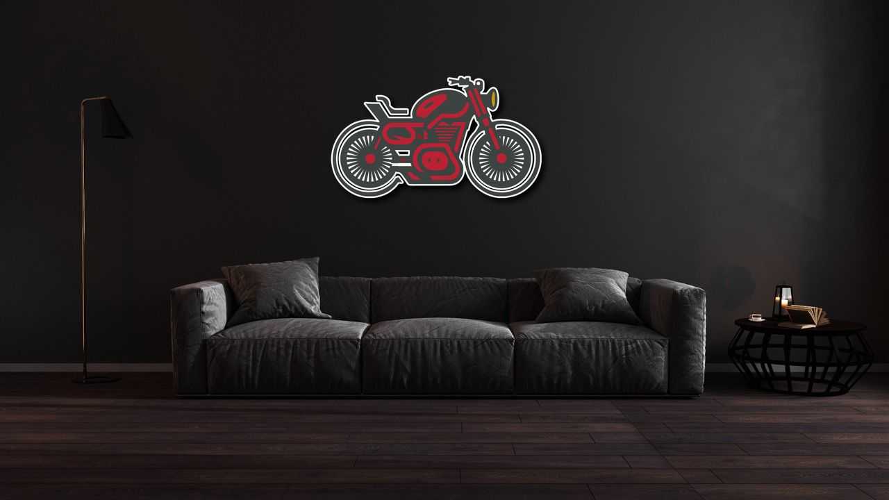 Motorcycle metal wall art featuring a red and black motorcycle design mounted above a modern dark gray sofa in a minimalist living room with dark walls.