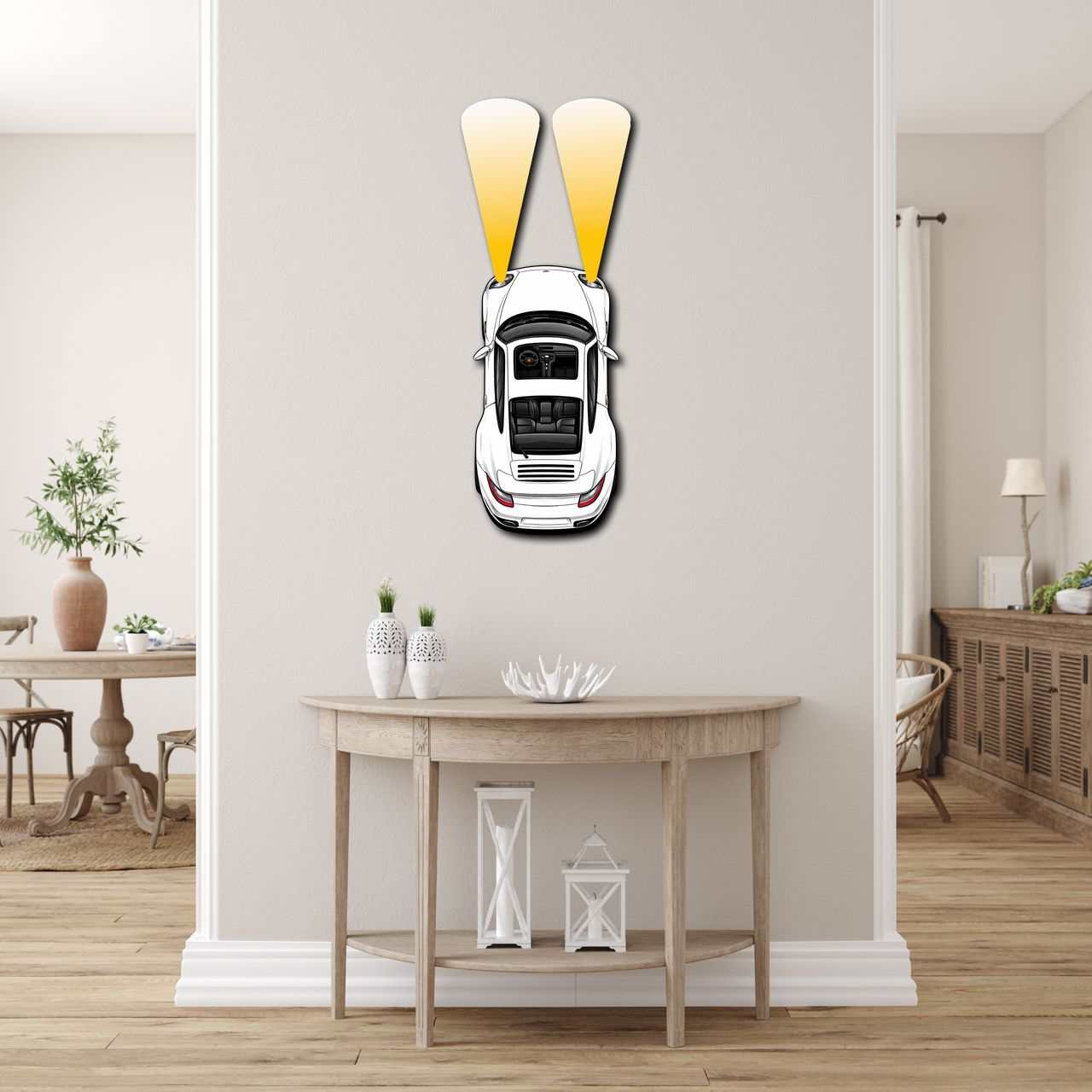 White PCAR headlights metal wall art mounted above wooden console table in modern living room