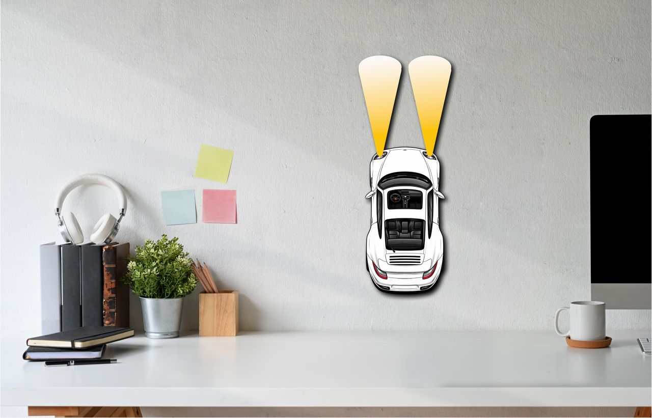 PCAR Headlights White metal sign wall art with car and headlights design above desk