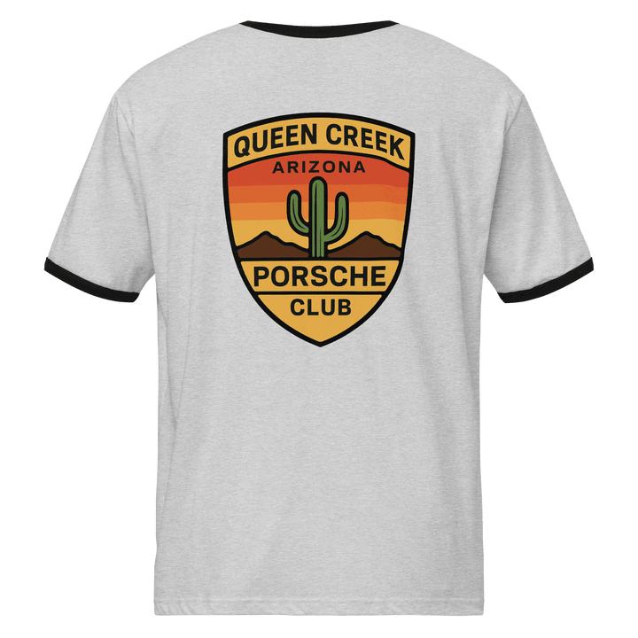 Queen Creek PCAR Club ringer t-shirt with vintage Porsche club logo and contrasting collar and sleeve trim
