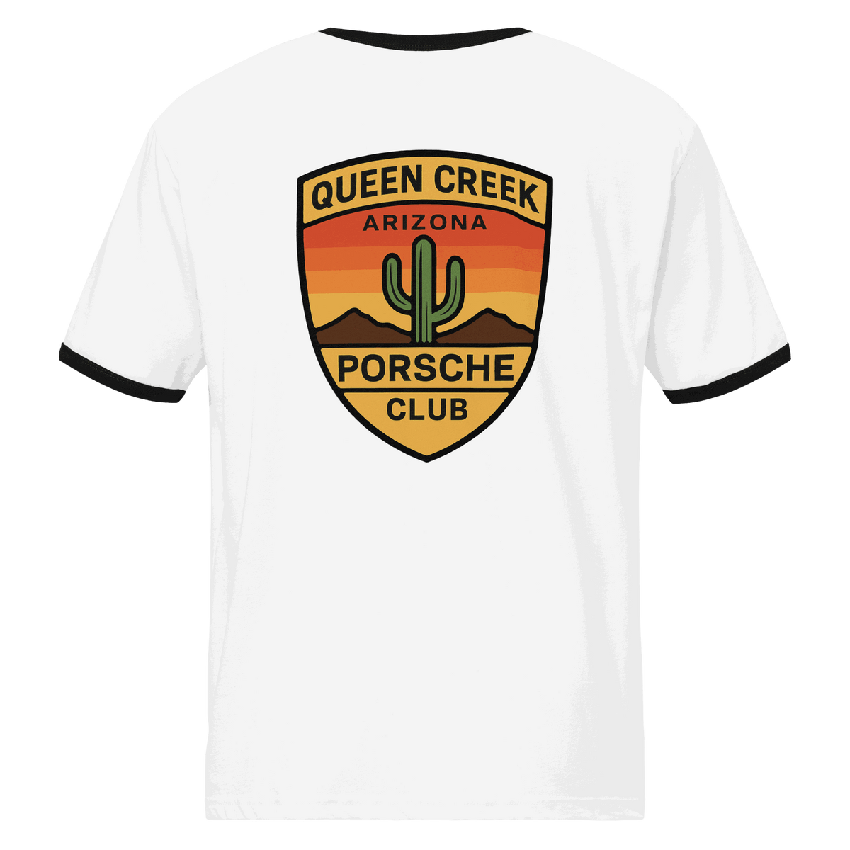 White Queen Creek PCAR Club ringer t-shirt with vintage Arizona desert logo and black contrast trim