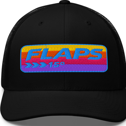 Flaps 15 Trucker Aviation Hat with colorful embroidery on a black mesh cap.