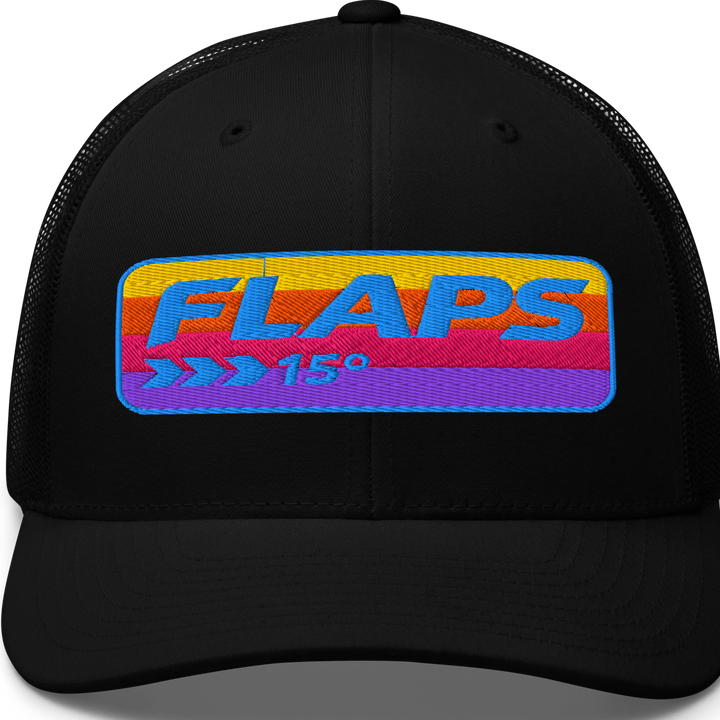 Flaps 15 Trucker Aviation Hat with colorful embroidery on a black mesh cap.