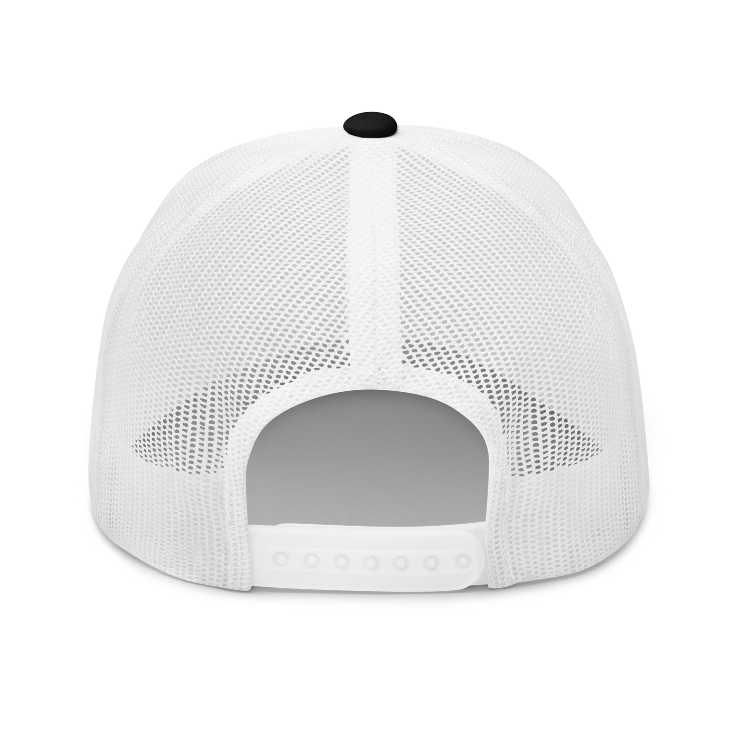 Back view of a Flaps 15 Trucker Aviation Hat featuring a white mesh design and adjustable strap.