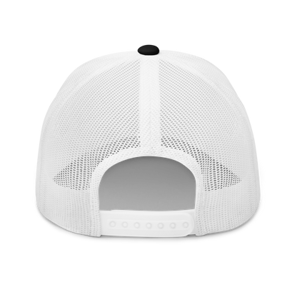 Back view of a Flaps 15 Trucker Aviation Hat featuring a white mesh design and adjustable strap.