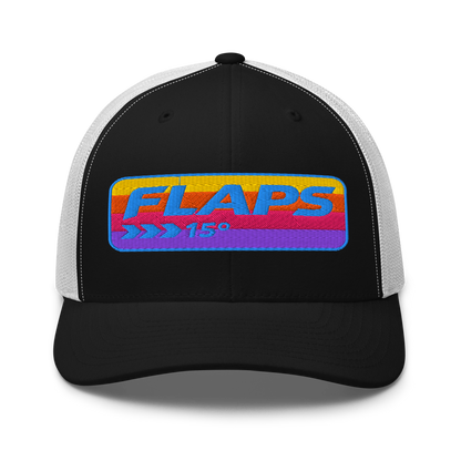 Flaps 15 trucker aviation hat with colorful logo, black front panels and mesh back for a comfortable fit.