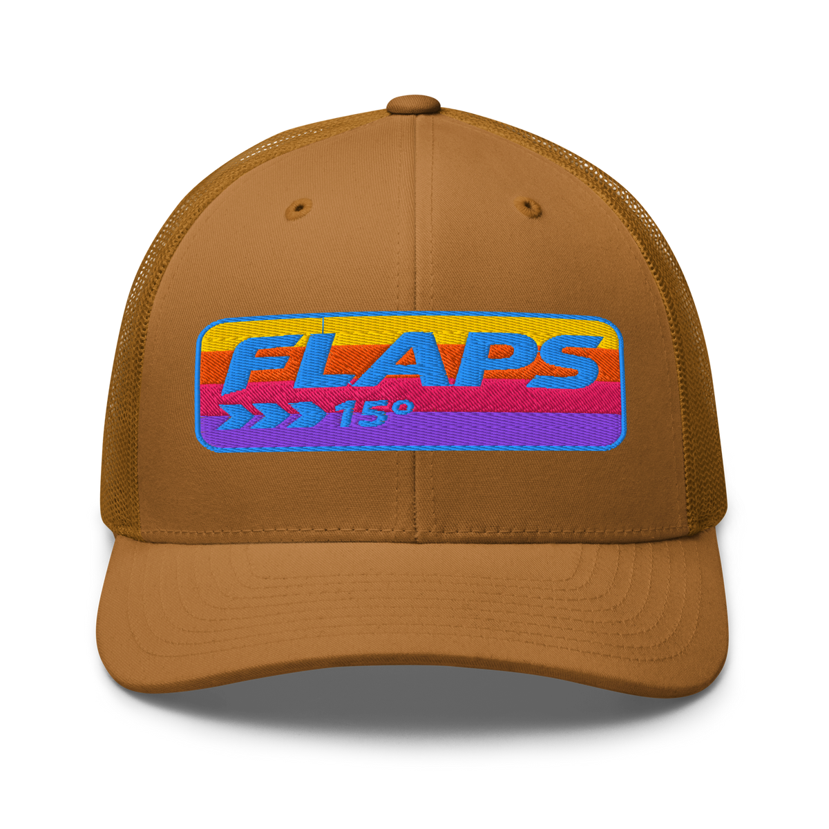 Flaps 15 Trucker Aviation Hat with colorful logo on a brown mesh back cap.