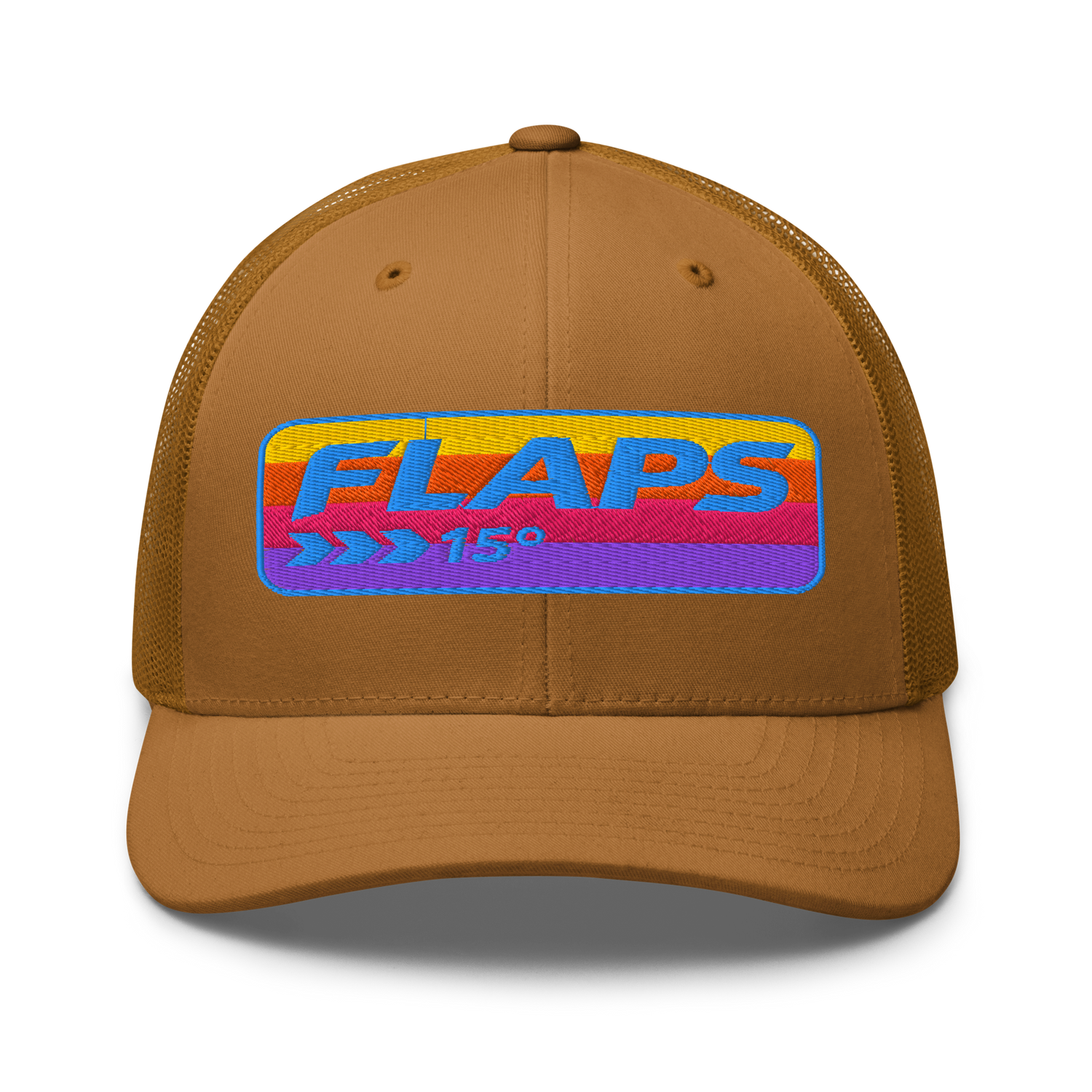 Flaps 15 Trucker Aviation Hat with colorful logo on a brown mesh back cap.