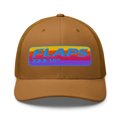 Flaps 15 Trucker Aviation Hat with colorful logo on a brown mesh back cap.