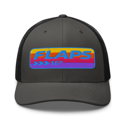 Flaps 15 Trucker Aviation Hat with colorful logo on a black mesh cap.
