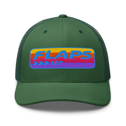 Flaps 15 Trucker Aviation Hat featuring colorful embroidery on a green cap with a mesh back.