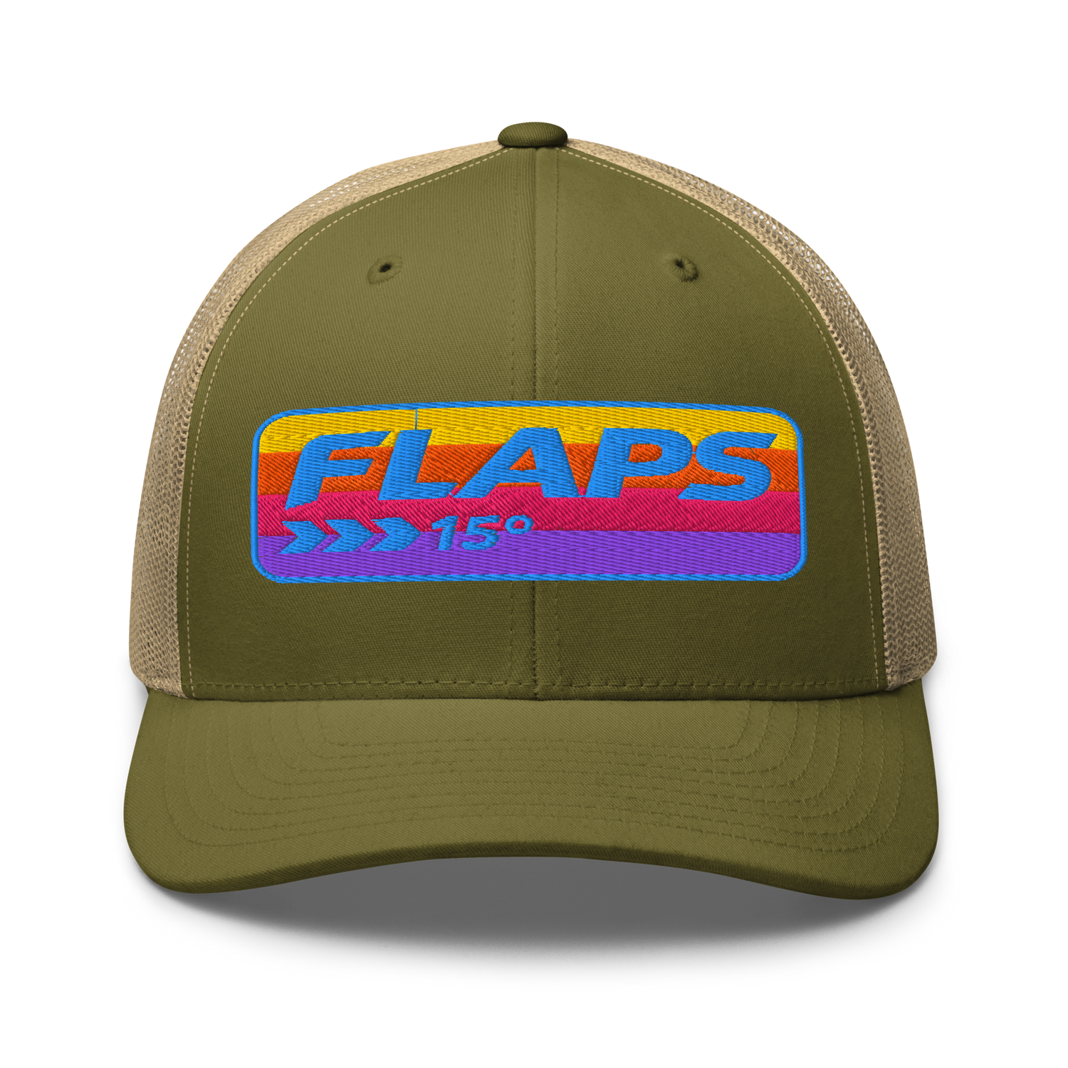 Flaps 15 Trucker Aviation Hat featuring vibrant logo and mesh back for style and comfort.